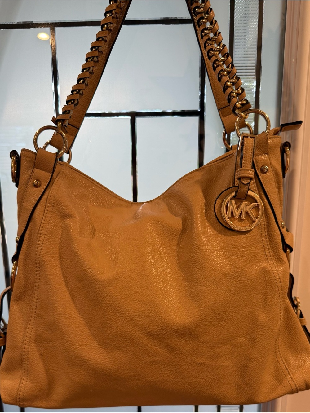Michael Kors Camel/Tan Leather Shoulder Bag with Chain-Trim Strap